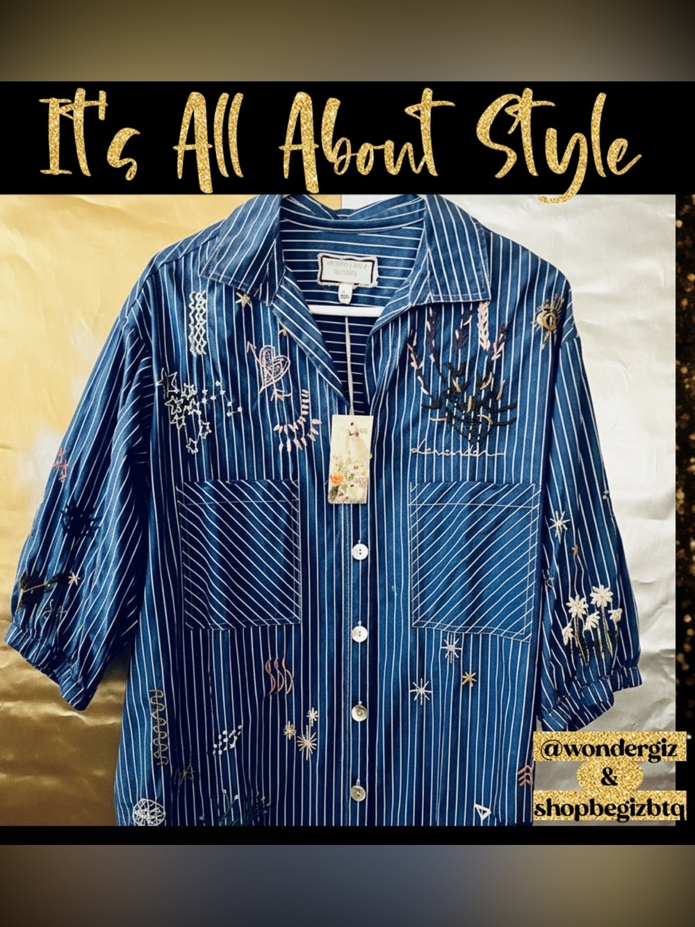 Johnny Was Sezane Weekend Oversized Blue Striped Embroidered Tunic Size Large - Picture 5 of 9